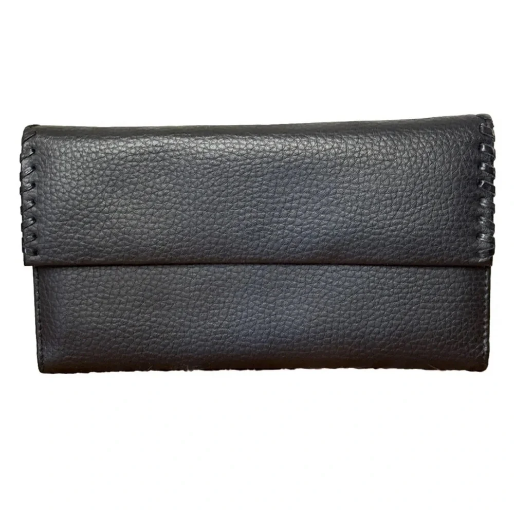 Buxton Genuine Leather Fold Over Wallet Black With Hasi Hato Japanese Snap